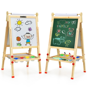 Costzon Kids Art Easel, Wooden Double-Sided Chalkboard Whiteboard w/Paper Roll (Nature)