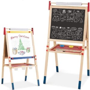 Costzon 3 in 1 Kids Art Easel with Paper Roll, Double Sided Adjustable Chalkboard & White Dry Erase with 4 Drawing Board Clips